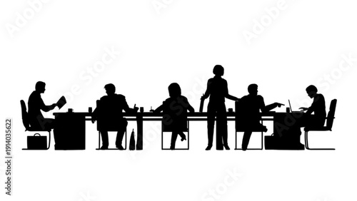 Business Team Working Together on Long Table Silhouette