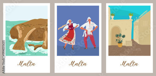 Malta cards set, hand drawn travel vector illustration.