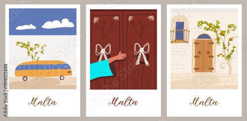 Malta cards set, hand drawn travel vector illustration.