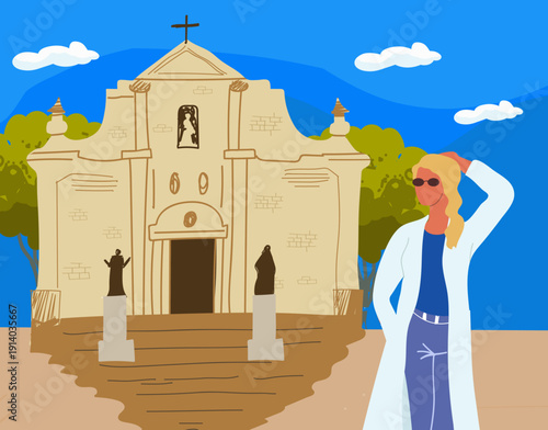 European church, architecture, female tourist, solo travel, girl,  hand drawn vector illustration.
