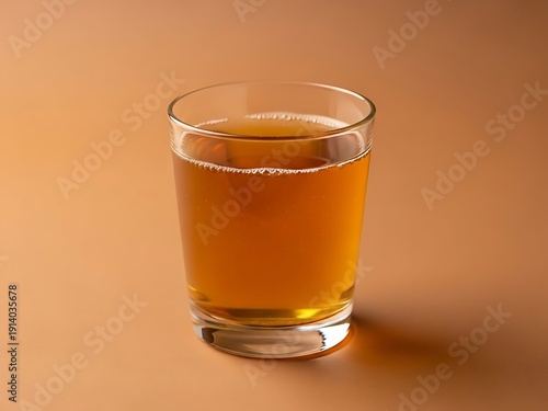 Refreshing amber liquid in a clear glass against a gradient background