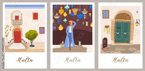 Malta cards set, hand drawn travel vector illustration.