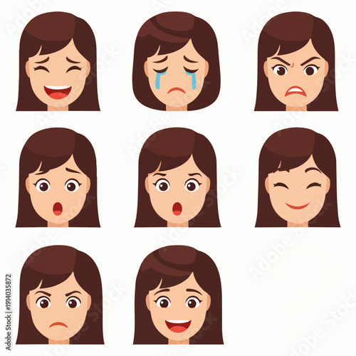 A cartoon woman displays various facial expressions showcasing different emotions in a grid of nine illustrations