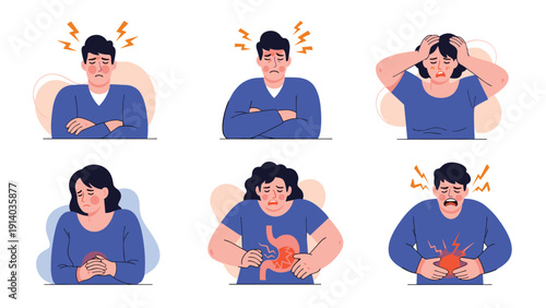 Various people suffering from different types of physical pain including headache, stomach ache, and abdominal discomfort.