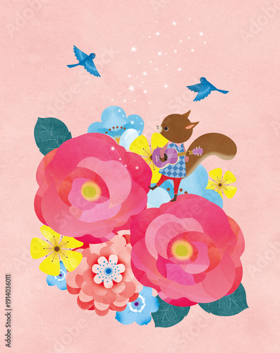 リスとバラの花