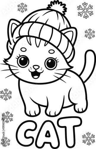 Adorable cartoon kitten wearing a knitted beanie hat surrounded by snowflakes for a winter coloring activity