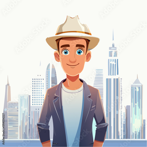 A stylish young man in a hat and jacket stands confidently against a cityscape