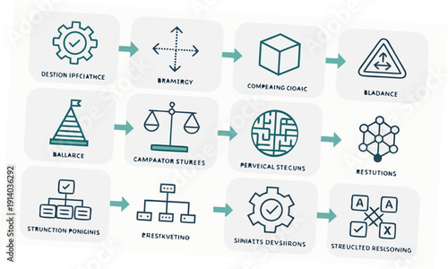 Systematic workflow diagram illustrating problem solving process with various stages and icons on a clean white background from a straightforward viewpoint