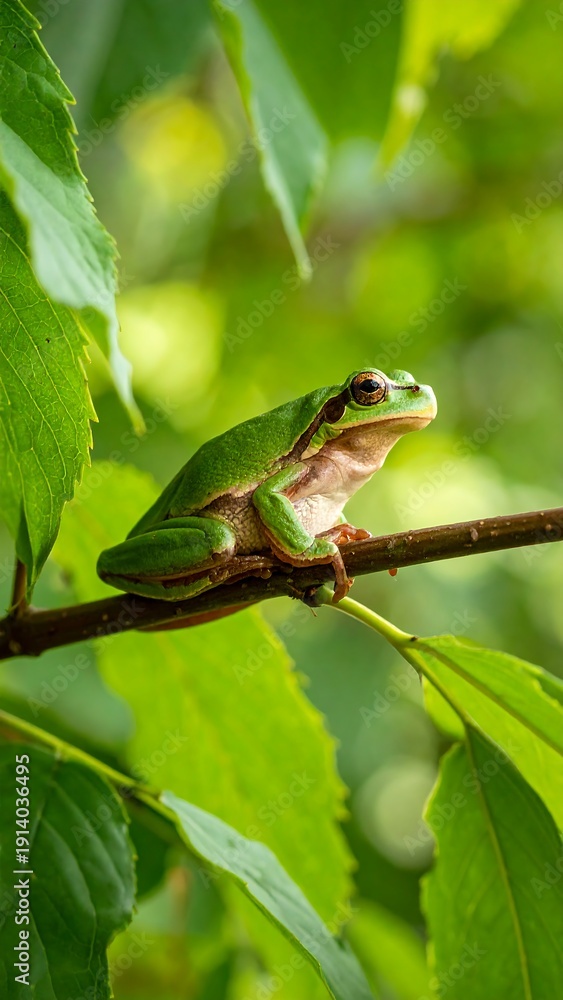 Obraz premium A vibrant green amphibian sits perched on a thin brown branch, framed by lush green leaves in soft focus. The lighting is natural, bright and bokeh