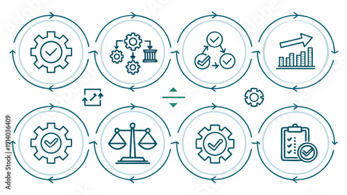 Infographic icons illustrating business process optimization with workflow, analysis, and metrics in a circular flowchart diagram