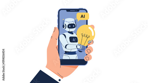 Hand holds a smartphone displaying an AI assistant robot offering a bright lightbulb to represent creative ideas and innovation.