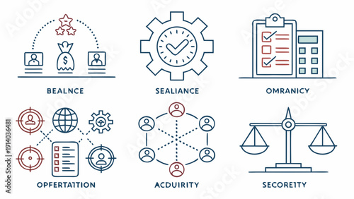 Collection of iconography representing balance, security, and operational concepts in a pictogram style