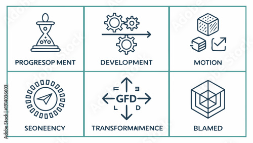 Iconography illustrating progression, development, motion, sequence, and transformation concepts in a pictogram style