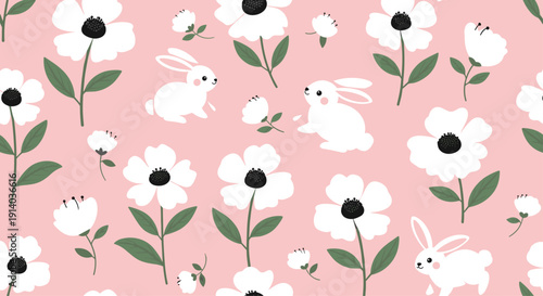 Cute white bunnies and blooming flowers are scattered in a charming seamless pattern across a bright pink background for spring celebration.