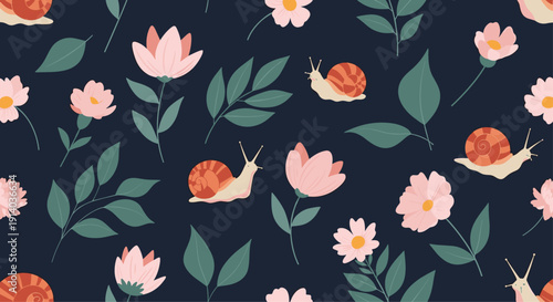 Enchanting snails wander among pink blossoms and lush green foliage in a detailed seamless pattern on a dark midnight blue background for fabric.