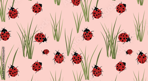 Bright red ladybugs crawl through tall green blades of grass in a delightful seamless pattern on a soft pink background for nature enthusiasts.