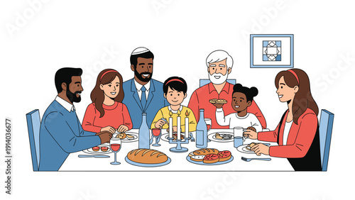Multi-generational Jewish family gathers around a festive dinner table for a traditional Shabbat meal with candles and challah bread.