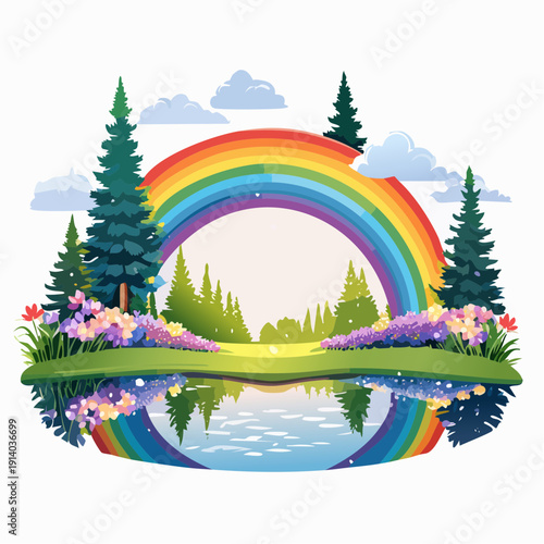Vibrant Rainbow Over Serene Lake and Lush Forest Landscape