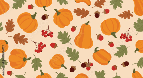 Festive autumn elements including pumpkins, acorns, oak leaves, and red berries form a cozy seamless pattern on a warm beige background for fall.