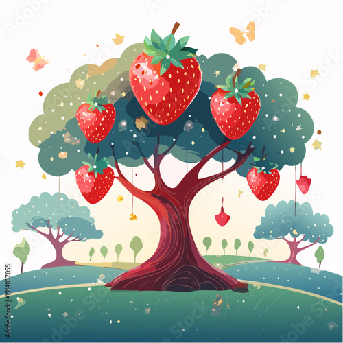 Magical strawberry tree with oversized, ripe red fruits in a whimsical, sparkling landscape