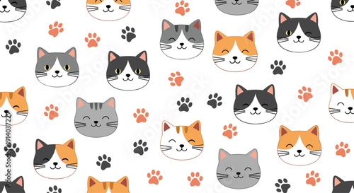 Playful seamless pattern features a variety of cartoon cat faces with different markings and colorful paw prints on a pure white background.
