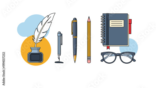 Collection of classic writing and office tools including an inkwell, quill, pens, pencil, notebook, and a pair of eyeglasses.