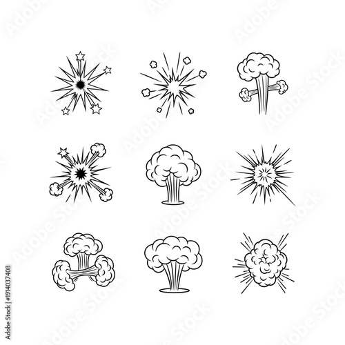 Explosion and blast doodle set, hand drawn vector illustration of various comic book effects.
