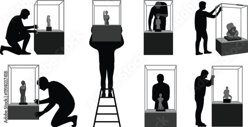 Black vector silhouette set of museum curators and workers arranging art sculptures in glass display cases for exhibition gallery curation and artistic branding design,