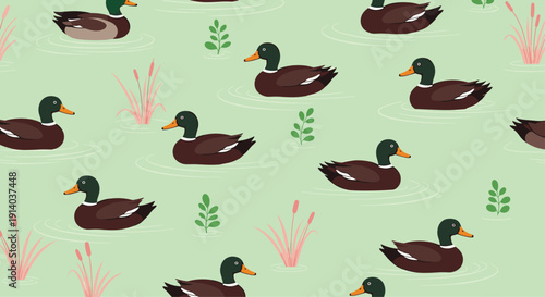 Male mallard ducks swim gracefully among reeds and aquatic plants in a serene seamless pattern on a light green water background for nature.
