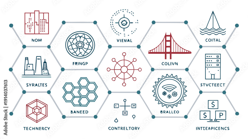 Fototapeta premium Industrial infrastructure icons representing technology and engineering concepts in a pictogram style