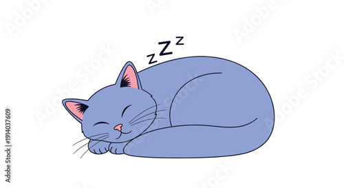 Peaceful cartoon blue cat is curled up and sleeping soundly with zzz letters above its head in a sweet and cozy illustration for pet lovers.