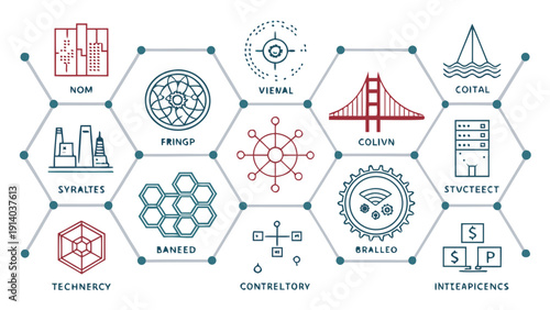Industrial infrastructure icons representing technology and engineering concepts in a pictogram style