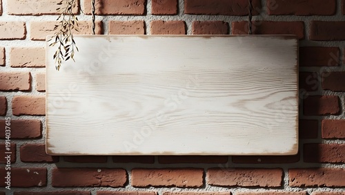 Rustic wooden signboard against red brick wall with foliage decor element