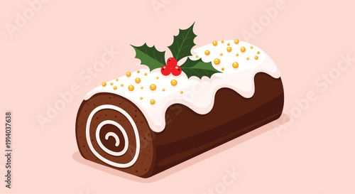 Traditional chocolate Yule log cake with thick white icing, gold sugar pearls, and holly leaves is shown on a soft pink background for the holidays.
