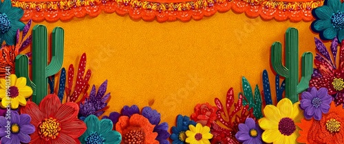 Fiesta Fiesta: Vibrant Flowers & Cactus Frame Gold, Mexican Style