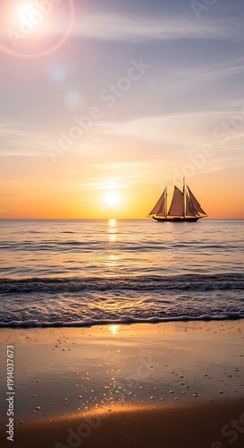 Sailboat silhouette cruising under serene golden hour skies coastline view