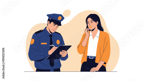 Police officer in a blue uniform writes a citation on a clipboard while talking to a concerned young woman on a city street.
