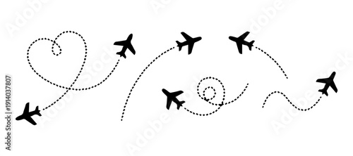 A collection of small cartoon airplanes in various flight paths, creating a playful and whimsical visual, perfect for travel-themed designs