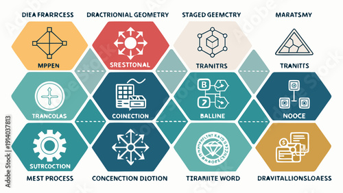 Collection of abstract icons representing various concepts including geometry, processes, and technology in a diagrammatic style