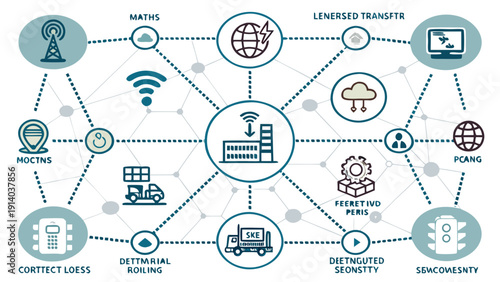 Network infrastructure icons linked to central server, illustrating digital connectivity and data exchange in a modern technological environment
