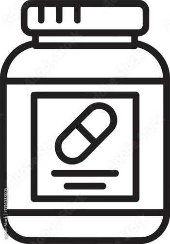 Plastic jar with pill symbol representing sport supplements and vitamins for muscle recovery