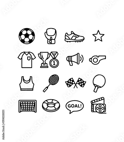Collection of vector icons representing various sports and activities, including equipment, action, and achievement symbols