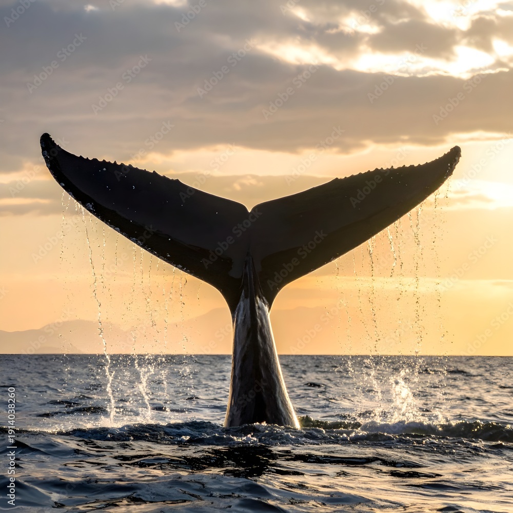 Fototapeta premium Majestic whale tail breaching the ocean's surface at sunset, creating a breathtaking natural spectacle