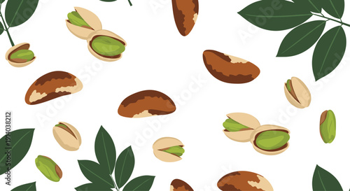 Natural seamless pattern featuring pistachios, Brazil nuts, and green tropical leaves on a white background for food packaging.