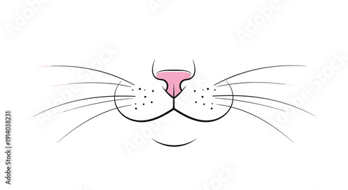 Minimalist illustration of a cat's pink nose, mouth, and long black whiskers isolated on a white background.