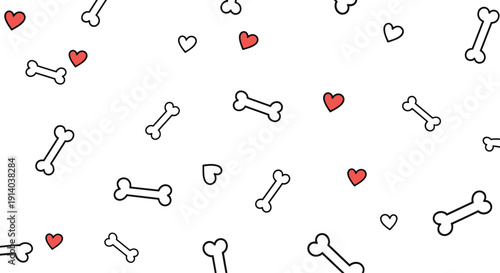 Cute seamless pattern featuring white bones and small red hearts on a white background for pet-themed designs.