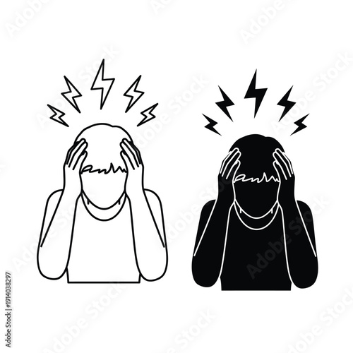 Vector illustration icon two people experiencing stress and anxiety with headache icons above their heads in black and white illustration