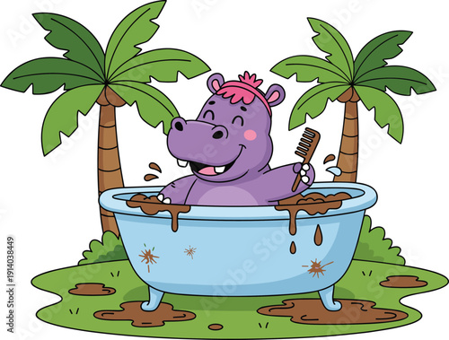 Cute hippo bathing in muddy tub cartoon illustration, funny jungle animal artwork