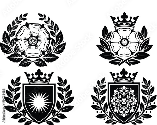 Heraldic emblems, laurel wreaths, crown symbols, shield designs, geometric floral patterns, noble insignia, honor badges, royal crests, institutional identity, decorative icons