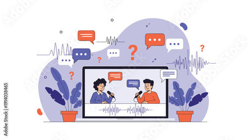 Laptop screen displaying a digital interview or podcast between two people accompanied by vibrant speech bubbles and sound wave graphics.